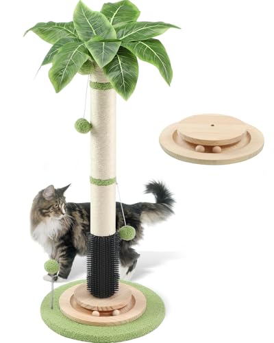 39.4'' Tall Cat Scratching Post,3.5 Inch Wide Sisal Rope Scratching Post for Indoor Adults Kittens,Cat Scratcher with Stable Solid Wood Base Interactive Ball Toys Self Groomer Brush for Large Cats