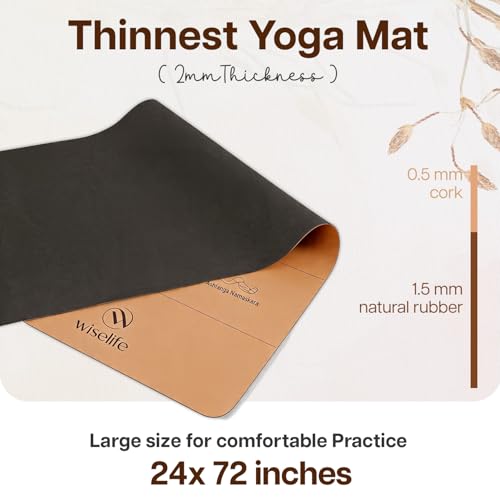 Image of Wiselife Cork Foldable Yoga Mat + Carry Bag | Extra Thick Extra Long Extra Wide Exercise Floor Mat For Gym, Workout, Fitness| TPE Yoga Mat (2mm, Cork Sun Salutation)