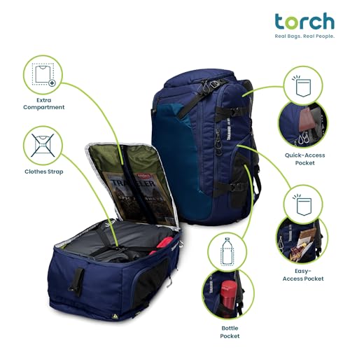 torch Travel Backpack 40L – TSA Friendly Flight Approved, Carry-On Waterproof Hiking Daypack with Rain Cover – Lightweight Rucksack for Camping, Trekking, Outdoor Adventures – Takahagi(Blue)2