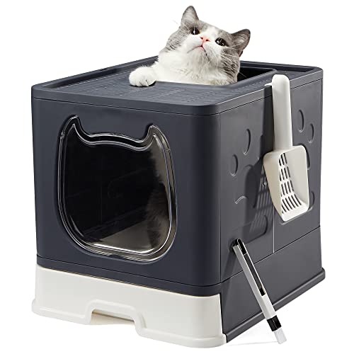 Vealind Kitty Litter Box with Lid Foldable Litter Box for Small Cat with Little Devil Front Door (Black)