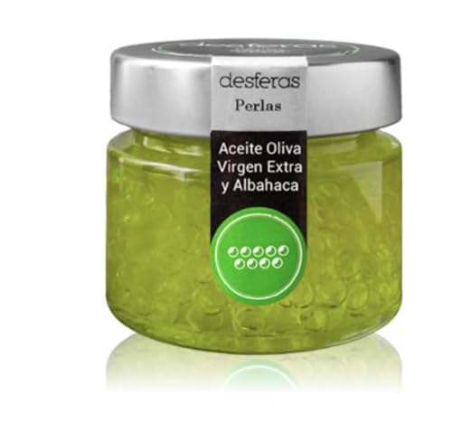 Aceite de Oliva Virgen Extra con Albahaca en Esferas. Esferificaciones de sabores. Perlas elaboradas con Aceite de Oliva Virgen Extra con Albahaca de Andalucía. Botes x 80gr cada uno. (1 Bote)