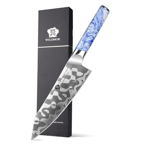 WILDMOK Faca Santoku de aço 10CR18MOV de 7 camadas com cabo ergonómico em padrão de porcelana azul e branco de resina, faca japonesa de dois gumes ultra afiada de 18 cm da série Qing.