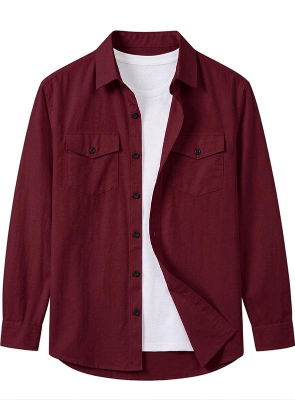 Image of DEELMO Men Solid Slim Fit Casual Overshirt Style Shirt | Full Sleeve Button-Down Layering Shirt Smart Casual Look