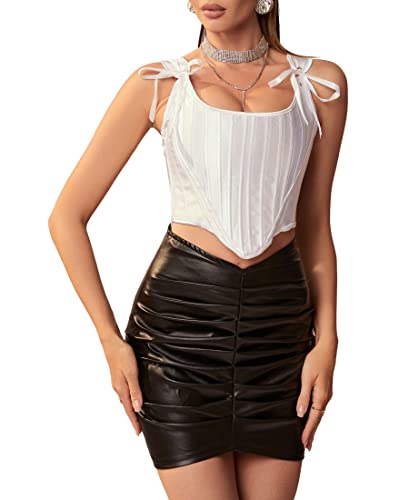 Image of Dreay Womens Vintage Asymmetrical Hem Overbust Corset Tie Front Lace-up Back Bustier Shapewear Top