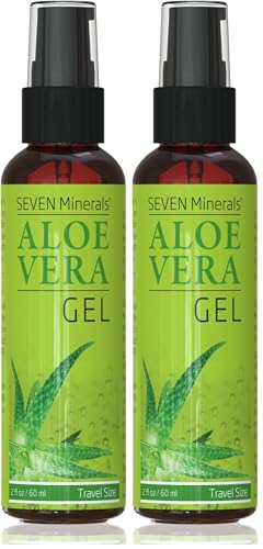 Seven Minerals, Travel Size Aloe Vera Gel with freshly cut Pure Organic Aloe - 2 Fl Oz - HighestQuality, Texas grown, Vegan, Unscented - For Face, Skin, Hair, Sunburn relief (2 Fl Oz) (Pack of 2)