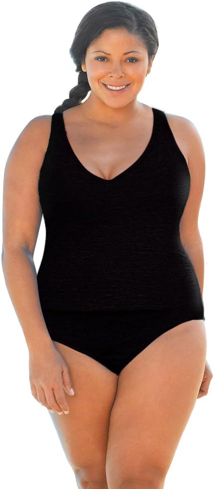 CHLORINE RESISTANT KRINKLE TEXTURED SOLID HIGH BACK PLUS SIZE TANKINI SET