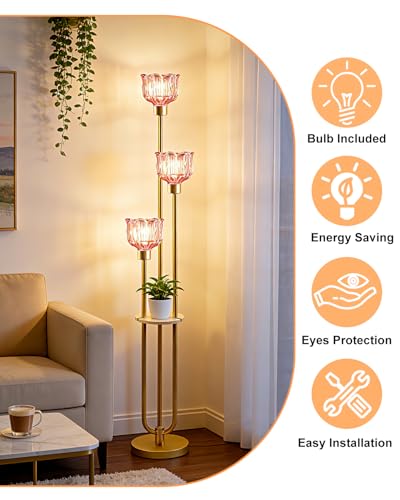 Image of Lightdot Glass Floor Lamp for Living Room 3-Lights Modern Gold Floor Lamp with Rose Red Glass Shade 3000K Bulbs Included Unique Standing Lamp with 5Lbs Heavy Base for Bedroom /Sofa Beside /Corner Decor