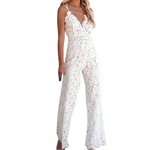 Generisch Mono elegante de verano para mujer, traje de pantalón de encaje bordado, traje de fiesta, club, pelele para mujer, con solapa, Blanco, L