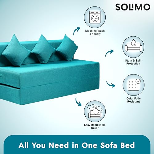 Image of Amazon Brand - Solimo 3 Seater 5 * 6 Jute Fabric Washable Cover Sofa Cum Bed with 3 Cushions 3 Seater Double Foam Fold Out Sofa Cum Bed (Finish Color - Sky Blue Delivery Condition - Pre-Assembled)
