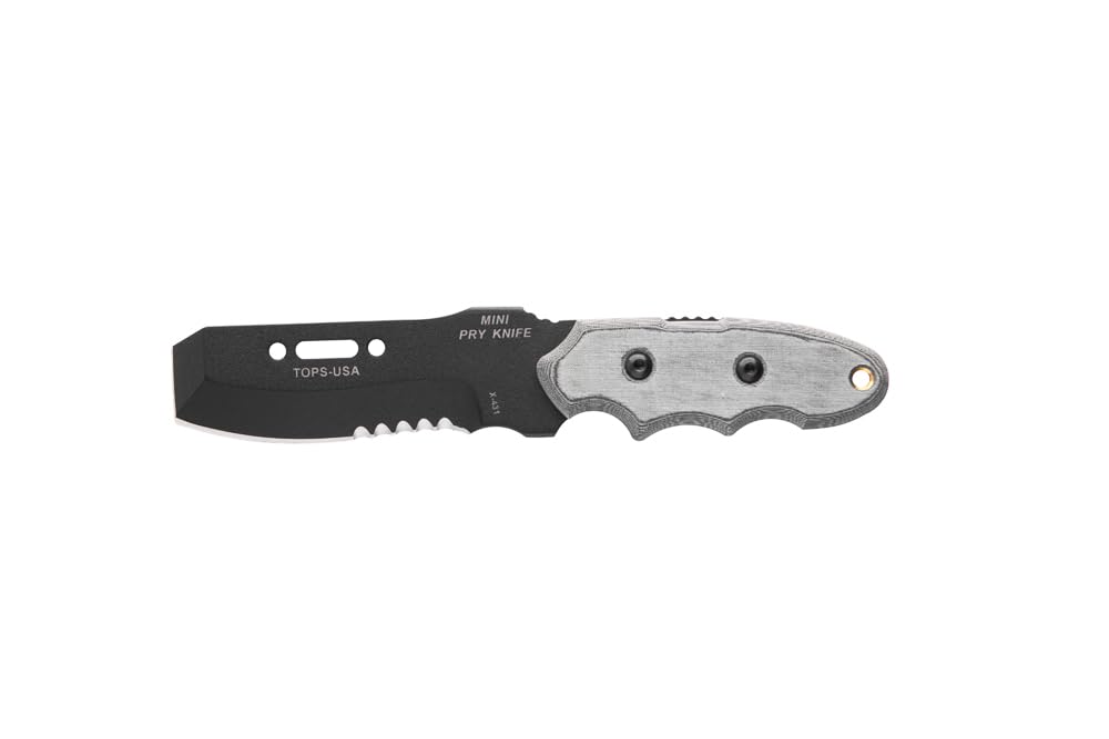 Tops Knives Mini Pry Knife Full Tang Fixed Blade- Black Traction Coating Blade Finish- Black Ballistic Nylon Sheath