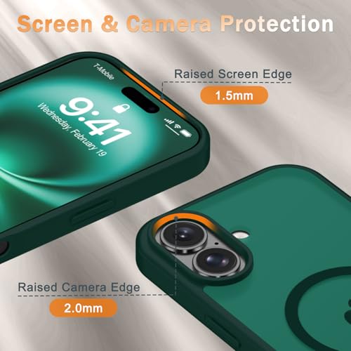 Image of YENAPOON for iPhone 16 Plus Case, Matte Magnetic Phone Cover [with 1 Screen Protector] [Support for MagSafe] [Shockproof Military Grade Protection] Translucent Frosted Back, Dark Green