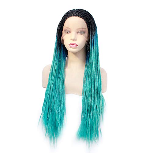 Fancy Dress Wigs Black/Dark Blue/Light Blue Three-Color Gradient Horse With Three Small Dirty Braids Silk Fiber Front Lace Synthetic Wig 18Inch