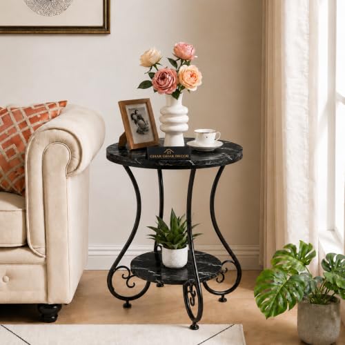 Ghar Ghar Décor Two-Tiered Small Sofa Side End Table with Metal Frame nightstand, and Contemporary Double-top Coffee Table with Rustic Farmhouse Accent for a Multipurpose Living Room or Bedroom Black