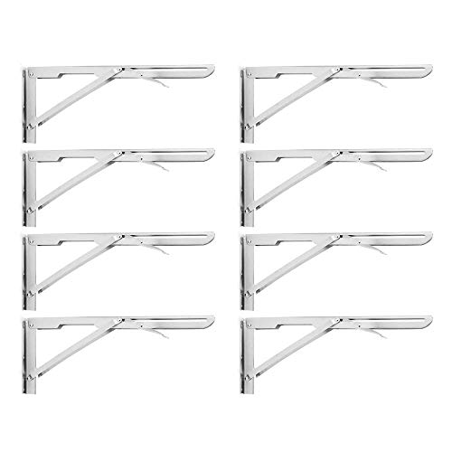 Folding Shelf Brackets 16”, Heavy Duty Stainless Steel Collapsible Shelf Bracket for Table Work Bench, Space Saving DIY Bracket,Max Load 400 lb. Pack of 8 (16 in)