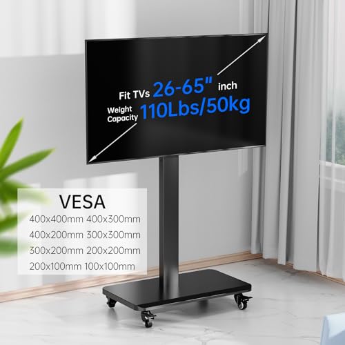 Mobile TV Cart with Wheels.Rolling TV Stand for 26 to 65 Inch Flat Panel Screens,Portrait to Landscape,Height Adjustable Portable TV Stand Holds Up to 100lbs,Max VESA 400x400mm (Black) - Thumbnail 5