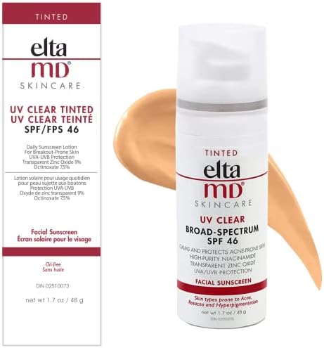 EltaMD UV Clear SPF 46 Tinted Face Sunscreen, Broad Spectrum Sunscreen For Sensitive Skin And Acne-Prone Skin, Oil-Free Mineral-Based Sunscreen, Sheer Face Sunscreen With Zinc Oxide, 1.7 Oz Pump