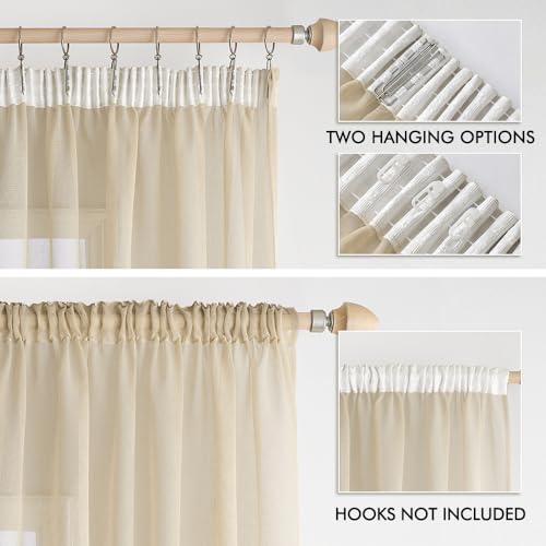 EMEMA Voile Sheer Curtains with Ribbon for Curling Transparent Polyester Scarf Goggle Scarf Decorative Airy for Bedroom 2 Pieces 140 x 215 cm Light Khaki - Image 3