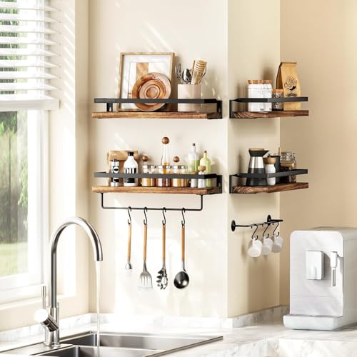 Image of UHUD CRAFTS Set of 2 Bathroom Shelves with Towel Bar, Wall Mount Floating Shelves for Bathroom /Living Room /Kitchen /Bedroom | Dark Burnt Wooden Wall Shelves