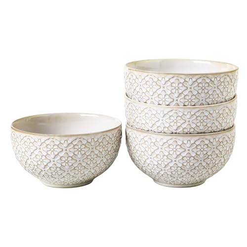 Feenmai 26 OZ Cereal Bowls Set of 4, Ceramic Soup Bowl for Kitchen, 6 inch Porcelain Serving Bowl, Embossed Bowls for Salad, Pho, Breakfast, Ramen, Rice, Dishwasher Safe, Housewarming Gift