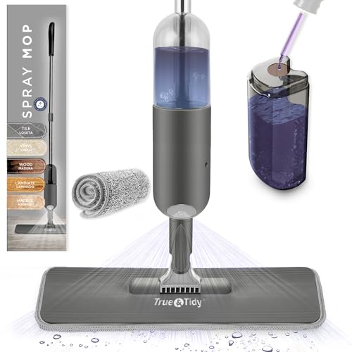 True & Tidy Pulvérisateur Multi-Surfaces SPRAY-250A avec Bouteille d'eau Rechargeable, utilisez n'importe Quelle Solution de Nettoyage, Facile à remplir et à remplir avec Un Tampon Lavable en Machine
