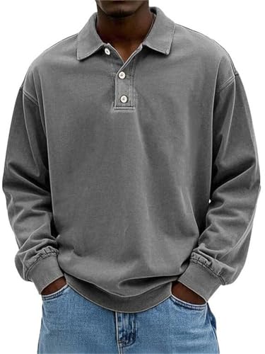 Mens Casual Polo Shirts Vintage Long Sleeve Button Up Golf Pullover Sweatshirts Retro Streetwear (X-Large,Gray)