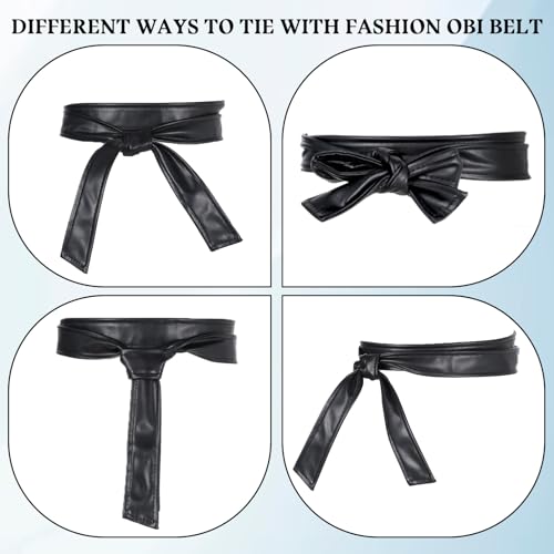 Women Obi Belt, Fashion PU Wrap Leather 4cm Wide Black Waist Band 68 Inch for Dress Coat Waistband Knotted Belt4