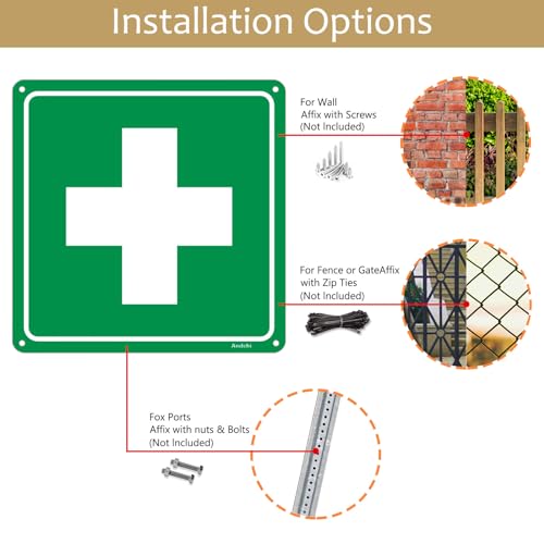 2 cartelli di sicurezza di primo soccorso, segno di salvataggio verde con croce bianca per via, uscita di emergenza, marcatura di sicurezza (logo di primo soccorso)
