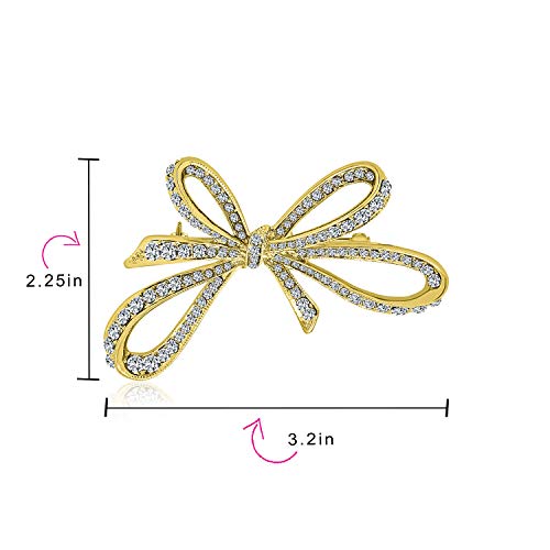Image of Bling Jewelry Winter Holiday Blue White Glittering Crystal Bridal Fashion Large Statement Ribbon Scarf Bow Brooch Pin For Women Rose Gold or Silver Plated