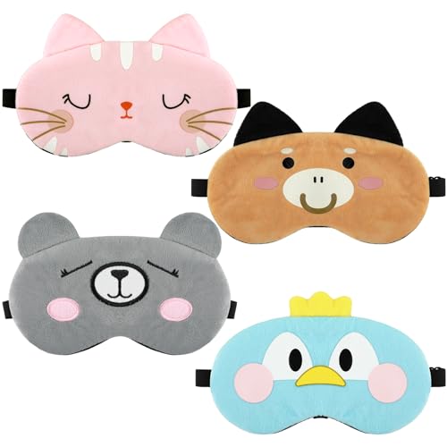 Antifaz Dormir Niños 4 Piezas Lindo Antifaz Ojos De Animal Sombra De Ojos Suave Dormir Antifaz Dormir Nocturno Antifaz Dormir Elástico Ajustable para Mujeres Niños Niñas Y Adultos