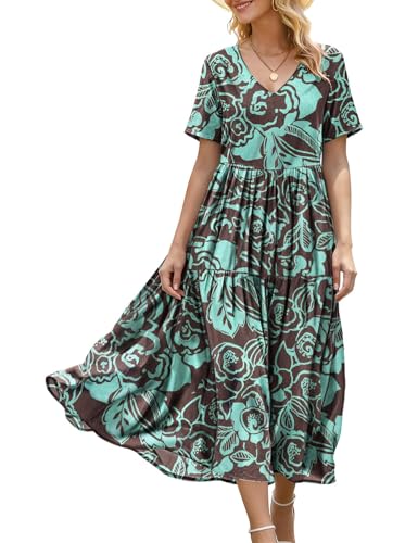 Image of YESNO Women's Summer Maxi Dresses Casual Floral Short Sleeve V Neck Boho Beach Vacation Swing Dress with Pockets EVF
