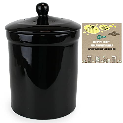 Black Ceramic Compost Caddy & 2 Filters - Portland Kitchen Ceramic Compost Bin for Food Waste Recycling
