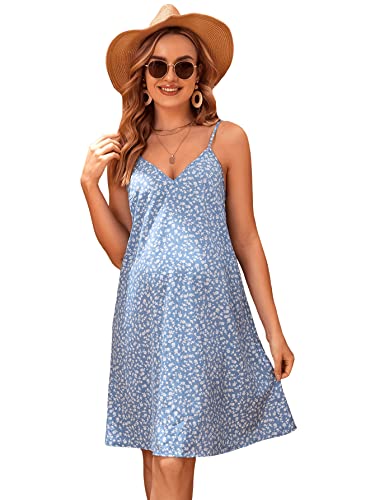 Verdusa Women's Maternity Floral Print V Neck Spaghetti Strap A Line Cami Dress Blue And White M #TOP2