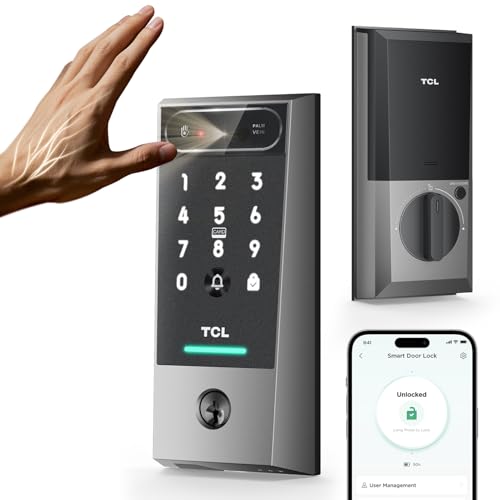 TCL Palm Vein Smart Lock D2 Pro, Wi-Fi Keyless Entry Deadbolt Door Lock, Built-in Doorbell, Key Fob, App Control, Auto Lock, Rechargeable Battery, Works with Alexa & Google Lock for Front Door