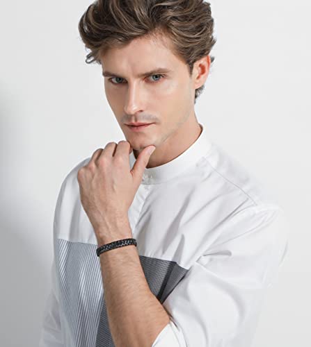 Inblue Personalized Genuine Leather Bracelet Engraving Name/Symbol/Id Customized Bangle Wristbands For Men Women Boys Stainless Steel Magnetic Braided Cuff Jewelry (Engraving) #TOP4