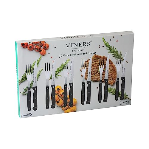 Viners Everyday Stainless Steel Steak Cutlery Set | Set of 6 Serrated Knives + 6 Three-Prong Forks | Triple Riveted Handles | Gift Box