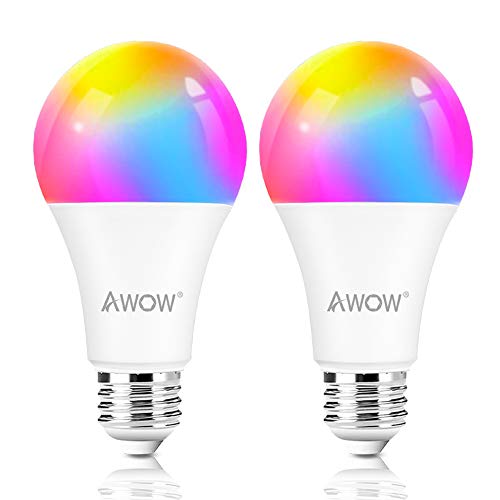 Smart Light Bulbs Works with Alexa, Google Home and Siri, RGBW+CCT 2700-6500K Color Changing, AWOW E26 LED WiFi Smart Light Bulb No Hub Required, 9W(60w Equivalent) 2 Pack