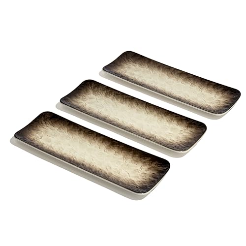 Image of Beyond Homes Ceramic Serving Tray Set of 3 | 12 Inch Rectangular Serving Plates | Premium Ceramic Platters for Sushi Dimsum Momos Snacks Starters and Appetizers | Microwave & Dishwasher Safe, Beige