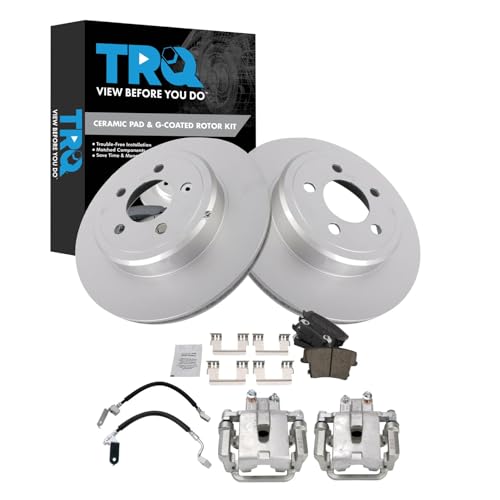 Image of TRQ Rear Brake Pad and Rotor Set Ceramic Coated Rotors Calipers Compatible with 2005-2016 Chrysler 300 2005 Magnum 2010-2016 Charger 2011-2015 Challenger