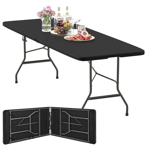 FDW 8FT Folding Table, Portable Fold-in-Half Plastic Picnic Party Table with Carrying Handle (Black, 8FT)