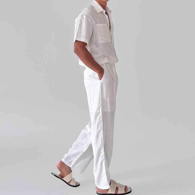 Men's fashion linen short sleeved shirt long pants set button loose top summer beach pants two-piece set4