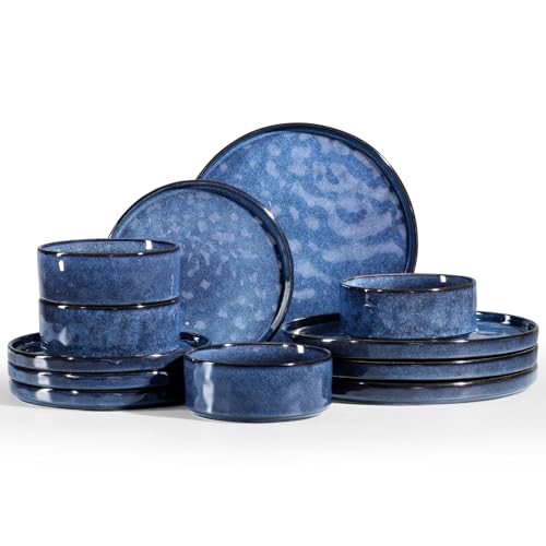 Homikit 12 Piece Dinner Sets, Reactive Glaze Plates and Bowls Set for 4 People, Elegant Dinnerware Stoneware for Kitchen Dinner Camping, Scratch Resistant, Dishwasher & Microwave Safe, Nebulas Blue