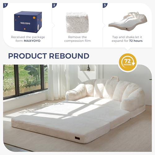 Image of MAXYOYO Folding Sofa Bed, 2 in 1 Convertible Sofa to Lounger Comfy Loveseat Bean Bag Chair for Adults, Floor Couch with Handle, Faux Fur Couch Bed for Living Room Bedroom, Beige, Loveseat