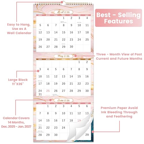 2026 Wall Calendar - 3 Month Calendar 2026, Dec. 2025 - Jan. 2027, 11" x 26", 14 Months Calendar (Vertical), Large, Lay- Flat Design