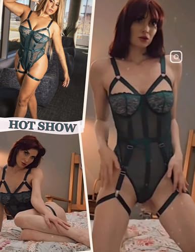 Image of SSoShHub Women Lingerie Set Lace Teddy Strap Babydoll Bodysuit Bikini with Garter Belt One Piece Lingerie Strappy Lingerie