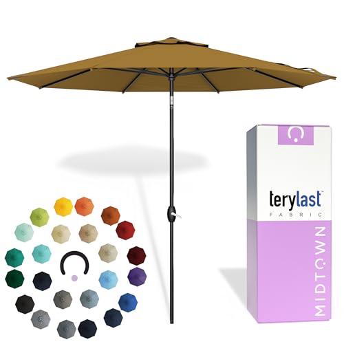 Image of Midtown Umbrellas - 10-Year-No-Fade 10 Ft Patio Umbrella with Terylast Fabric, Auto-Tilt Aluminum Frame and 8 Reinforced Ribs for Deck, Pool, Garden & Beach - Sand Tan Canopy, Black Pole