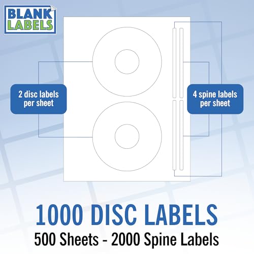 Image of CD /DVD Label Full Face | Qty 1000 Disc, 1000 Spine | 500 Sheets Total | Permanent White Matte | Inkjet & Laser Compatible | Memorex Large Core | Easy to Peel | Made in USA | Blank Label