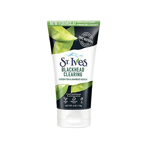 St-Ives-Blackhead-Clearing-Face-Scrub-Clears-Blackheads-Unclogs-Pores-Green-Tea-Bamboo-With-Oil-Free-Salicylic-Acid-Acne-Medication-Made-with-100-Natural-Exfoliants-6-oz St. Ives Blackhead Clearing Face Scrub, Clears Blackheads & Unclogs Pores, Green Tea & Bamboo, Salicylic Acid Acne Treatment Facial Scrub, Moderate Exfoliator Skin Care with Natural Exfoliants 6 oz