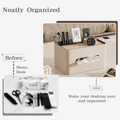 KINGFOM Kosmetiktücherbox aus PU Leder mit Ablage, Rechteckige Taschentuchbox mit 2 Fächern – Moderne Tissue Box Taschentuchspender für Wohnzimmer, Badezimmer & Büro, Tücherbox Organizer (Beige)