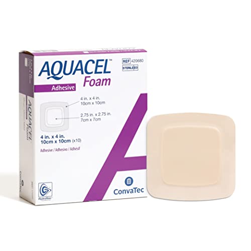 AQUACEL Foam 4"x4" Square Dressing with Silicone Gel Adhesive, Waterproof Wound Dressing, 420680, Box of 10