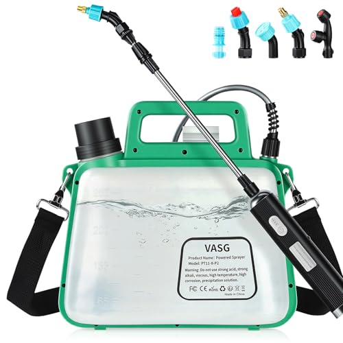 VASG Battery Powered Sprayer 2 Gallon 7.4V Foldable Electric Pump Sprayer Weed Sprayer with Waterproof Rechargeable Handle 5 Mist Nozzles Retractable Wand Adjustable Strap for Lawn